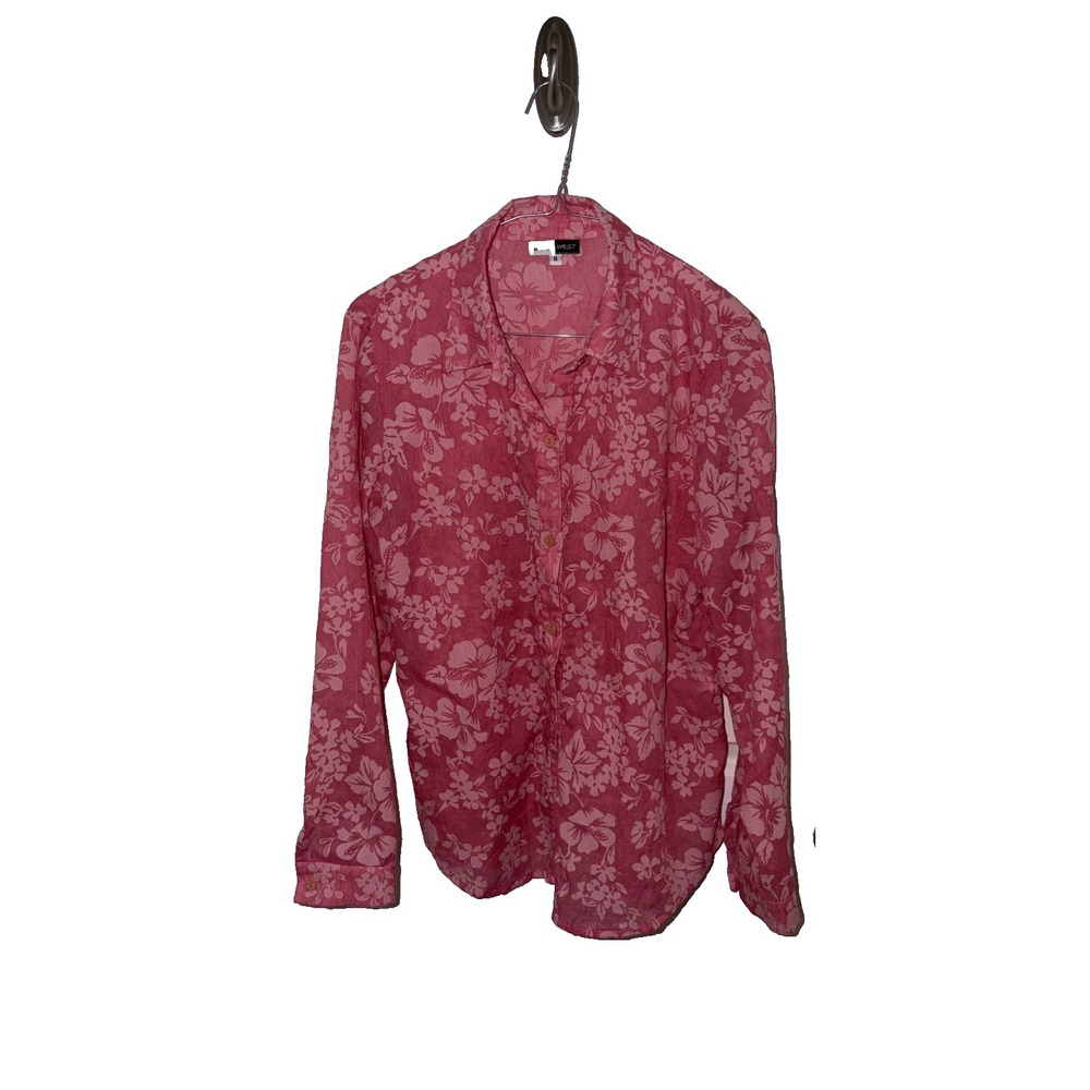 Vtg 600 West Y2K Sheer Pink Hibiscus Tropical Floral Button Up Shirt Blouse USA